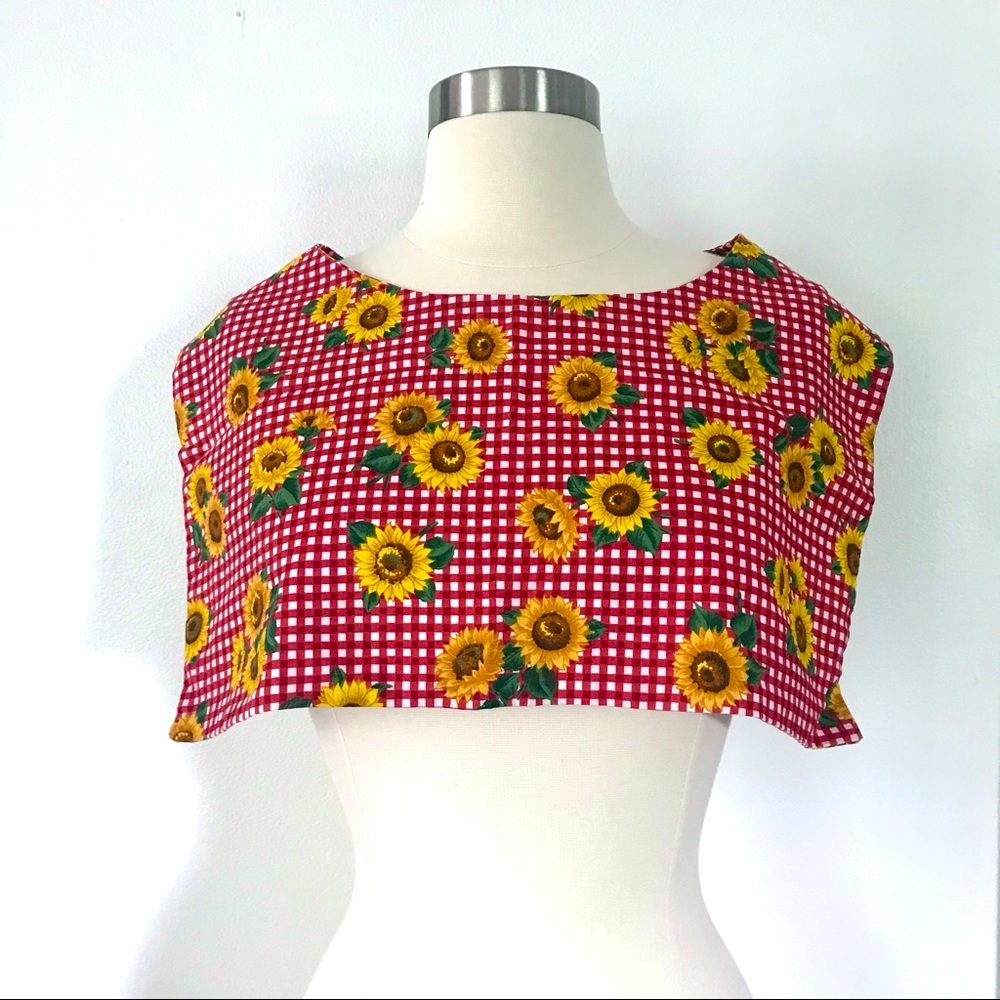 Vintage 80’s sunflowers red gingham scarf collar bib